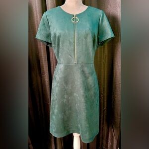Calvin Klein Dark Green Faux Suede Dress w/ Gold Accent Zipper, Size 14
